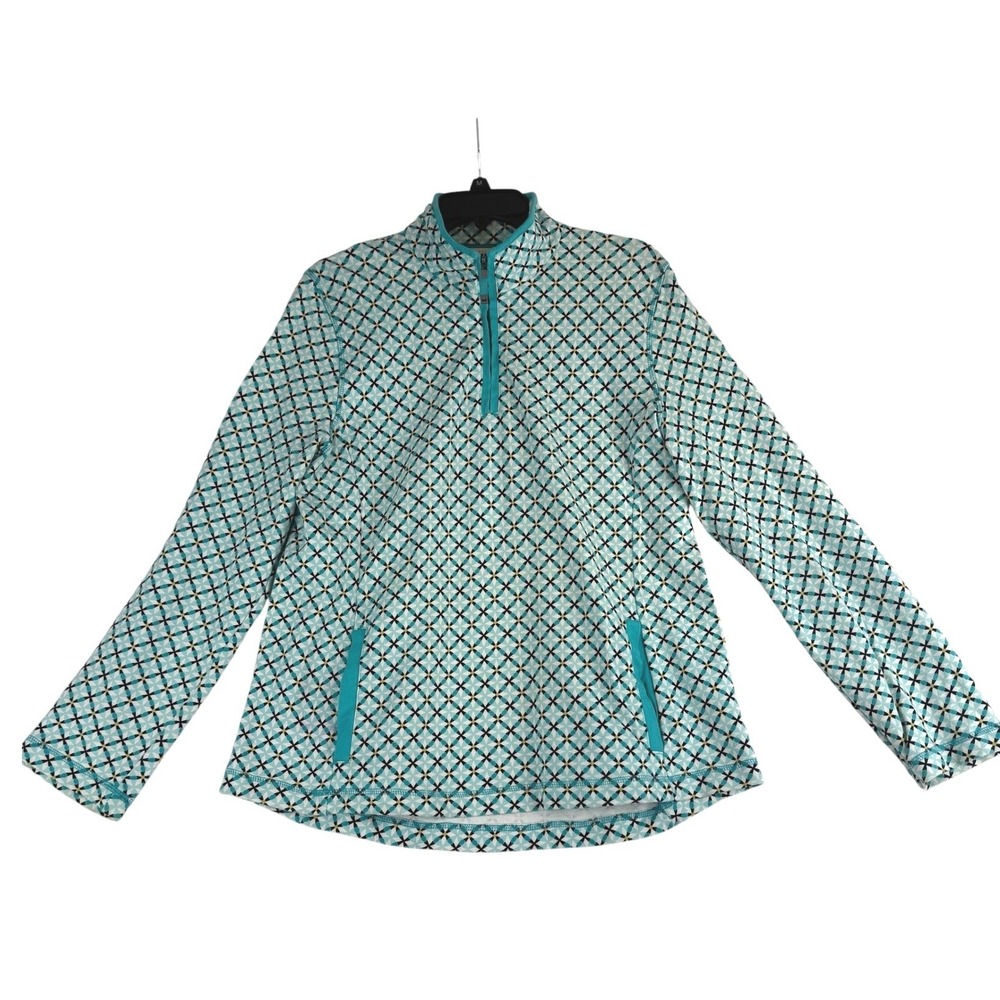 Talbots Pullover Women Size M Teal Geometric Starburst 1/4 Zip French Terry